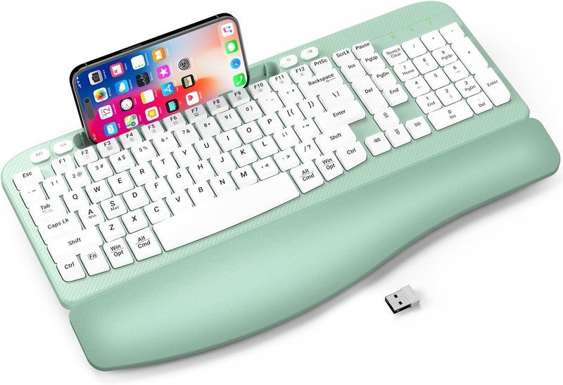 EAYBLLY Ergonomic Wireless Keyboard with Cushioned Wrist Rest, Wave Keys, Phone Holder, Comfortable Natural Typing, 2.4GHz Full Size Cordless USB Computer Keyboard for Windows, Mac OS, Laptop, PC (Mint Green) - Image 1